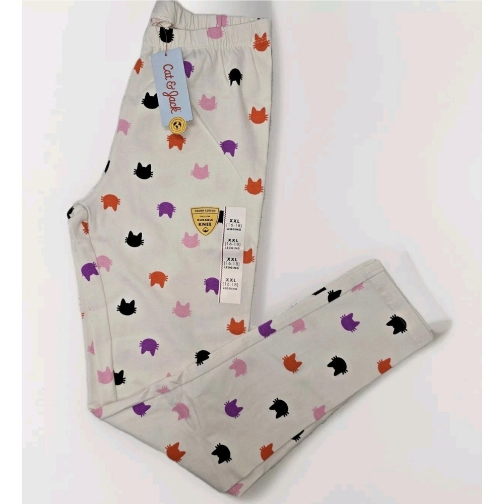 Cat & Jack Girls XXL 16-18 Leggings Cream Multicolor Cat Print Durable Knee NWT